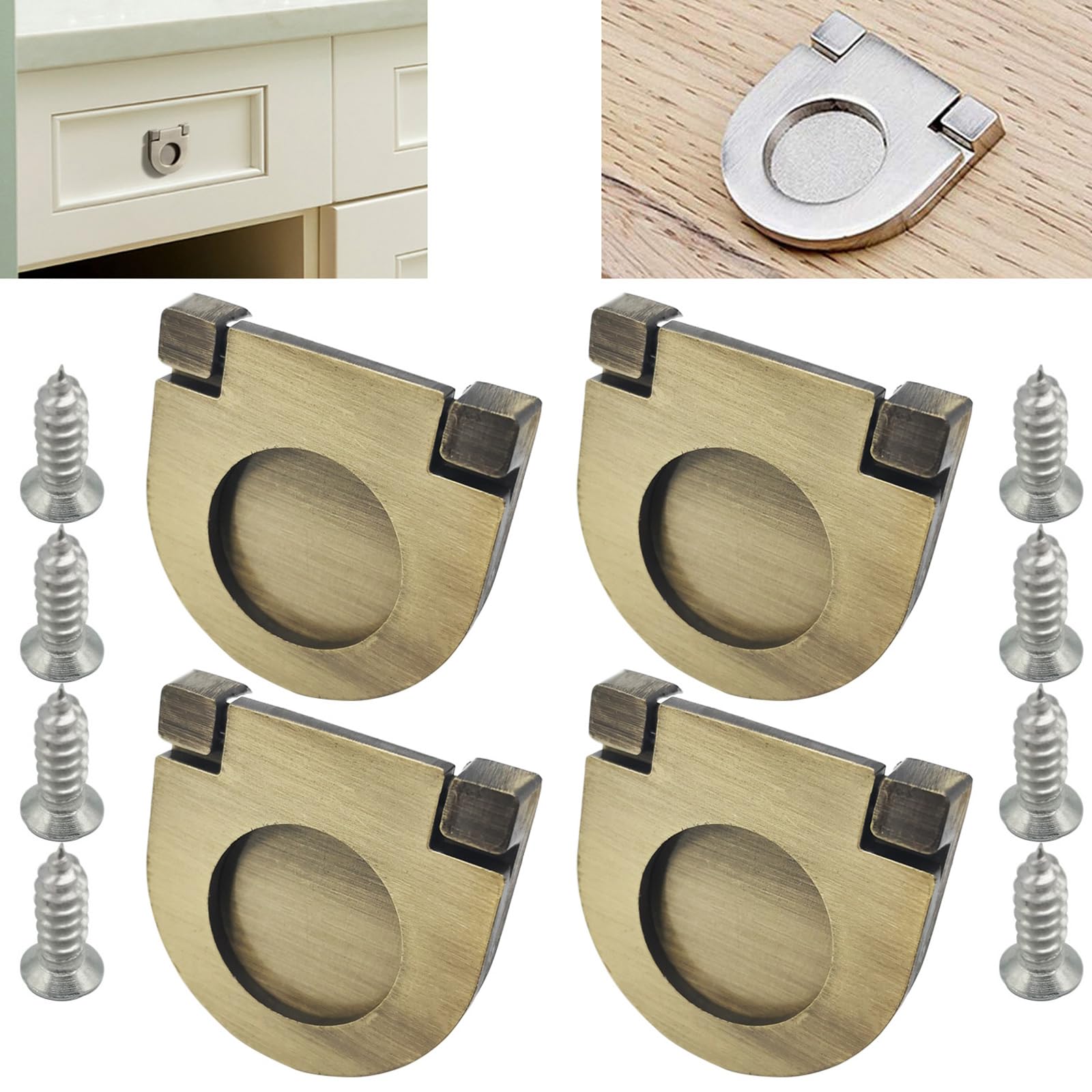 CTRICALVER 4PCS Flush Ring Pull Zinc Alloy Cabinet Drawer Pull Handle|Pull Handle Invisible Door Knob 35mm|for Cupboard Drawer Cabinet Wardrobe Accessories-with Screws（ Bronze）