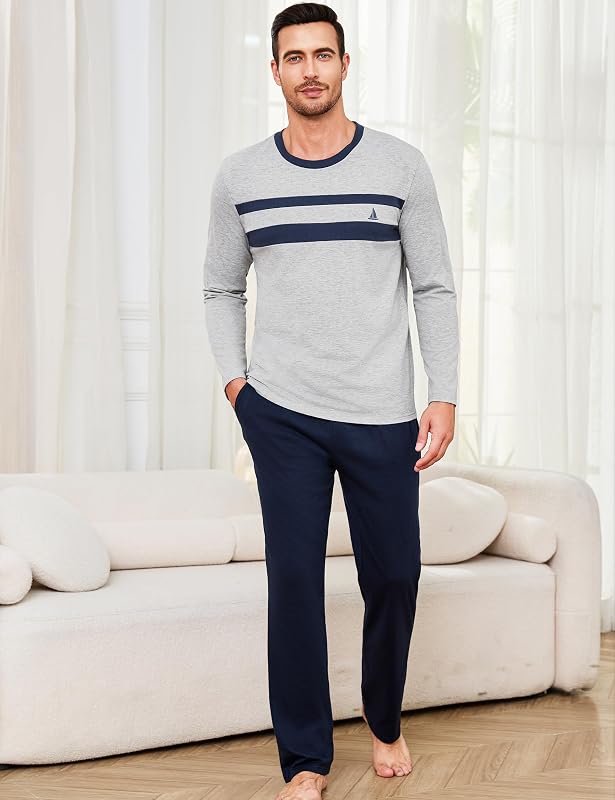 Pyjamas en Coton pour Hommes Pyjamas Longs Deux Pièces Loungewear Pyjama Long Automne Et Hiver Élastique Ajustable Pantalon De Pyjama S-3XL — photo 5 sur 8