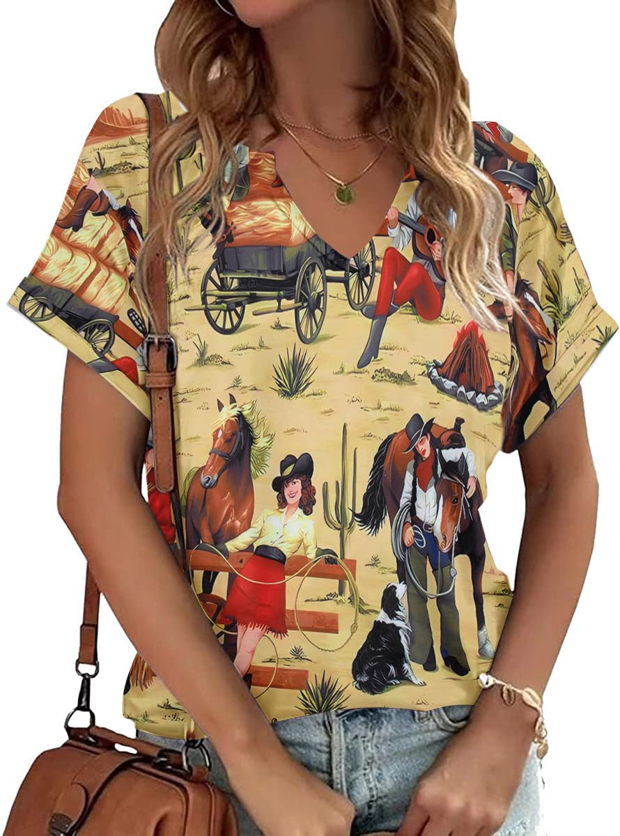 the YELLOWSTONE - Horse 3D Print Casual Fashion Short Sleeve V-Neck T-Shirts for Women