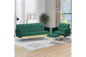 ACMEASE 2 Pieces Velvet Sofa Set w/Adjustable Armrests and Backrests, Tufted Accent Chair w/Ottoman, Convertible Futon Sofa Bed for Bedroom, Living Room, Apartment, Green
