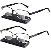 Missfive 2-Pack Mens Premium Bifocal Reading Glasses Blue Light Blocking, Computer Readers Metal Frame with No Broken Spring Hinge, Far/Near Dual-use Eyeglasses 1 Blue & 1 Gun-Silver, 2.5x