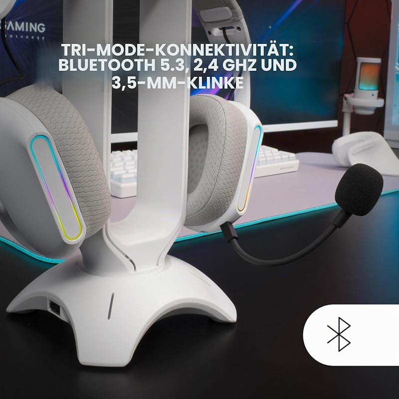 MHW-PRO, Kabelloses Gaming-Headset ARGB Flow, 3D Surround Sound 7.1, Bluetooth 5.3 + 2.4GHz + 3,5-mm-Klinke, Ultraleichtes Ergonomisches Design, Duales Mikrofon, Multiplattform, Weiß