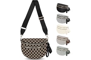 TORRYZA Spacious Nylon Checkered Crossbody Bum Bag for Women, Fashion Checkerboard Fanny Pack Purse with Large Capacity (Black-Khaki)