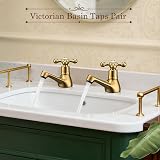 Wasserrhythm Basin Pillar Taps Twin Victorian Brushed Gold Brass Cross Levers view 2