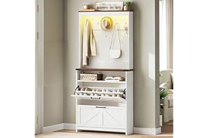 RALGEND Farmhouse Shoe Cabinet with Coat Rack, Tall Shoe Cabinet with 2 Flip Drawers, Narrow Hidden Shoe Storage Cabinet, 2 in 1 Hall Tree Slim Freestanding Shoe Rack Organizer for Entryway, LED Light, White
