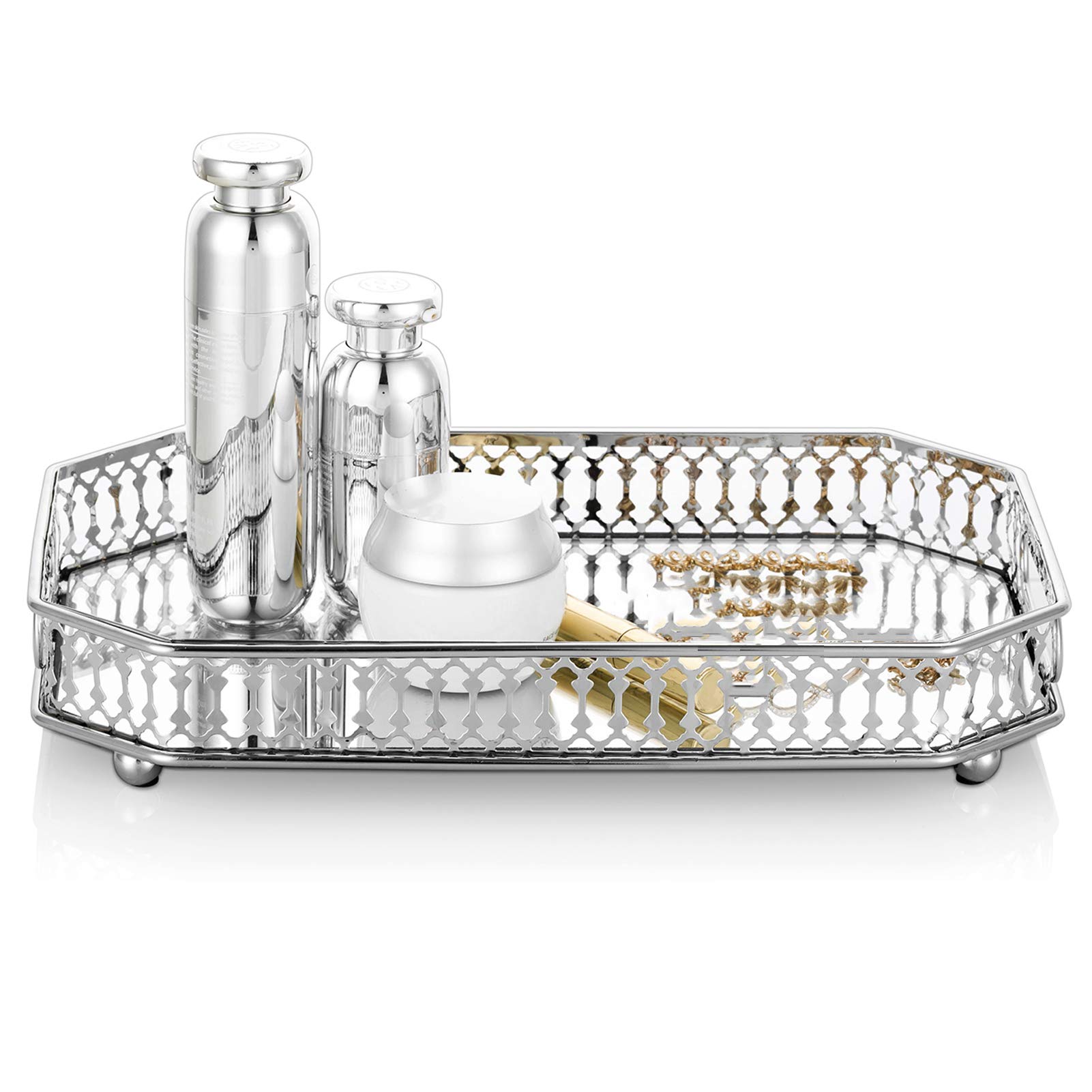 NUPTIO Silver Mirrored Vanity Makeup Tray, 29cm Length Trinket Display Decorative Mirror Cosmetic Perfume Organizer Tray for Dresser Living Room Dining Room Table Centerpiece Decor