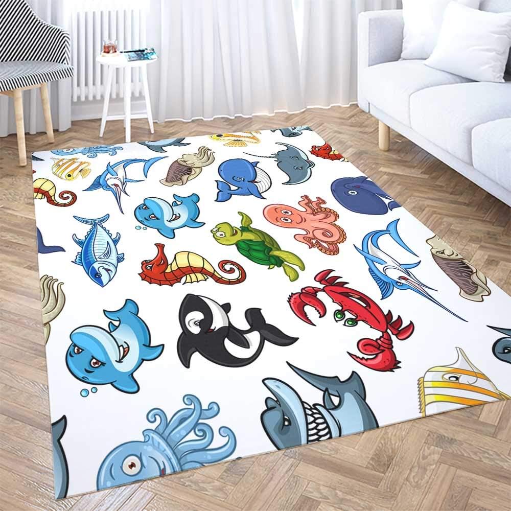 Play Area Rug,Shorping 3X5 Flower Door Area Rugs Modern Sea Animals and Ocean Fish Pattern of Shark Octopus Turtle Seahorse Crab Space Area Rug Rugs for Living Room Large Area Rugs Area Rug for Kids