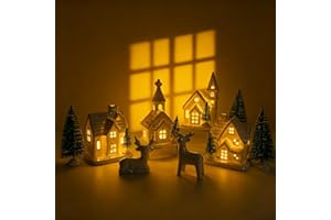 WANCHIY Christmas Village Sets- 13 Pieces Indoor Christmas Decorations, White Ceramic Village Houses Set of 4 with 7 Trees & 2 Deer, Mantel & Room & House Table Decor, Farmhouse Rustic Holiday Decor