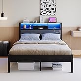 Crocofair Full Size Bed Frame with Charging Station and LED Lights,Upholstered Headboard with Storage Shelves, Metal Platform Bed Frame, Noise Free, No Box Spring Needed,Easy Assembly,Black