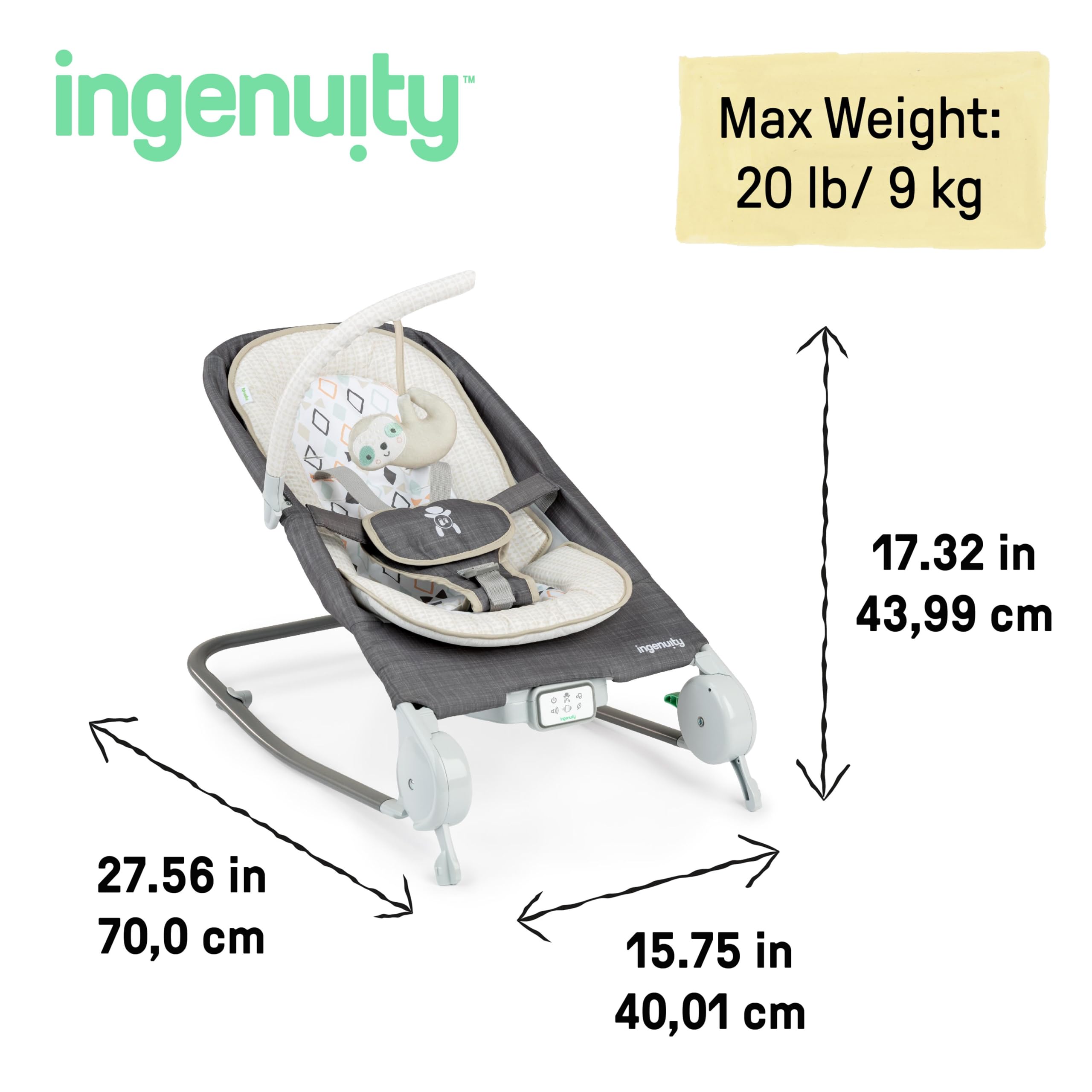 Ingenuity Gas Relief and Anti-Colic Baby Bouncer Seat and Rocker, Gentle Belly Message to Relax and Soothe Bellies, Instant Tummy Soother, 20 Songs and Melodies – Parker