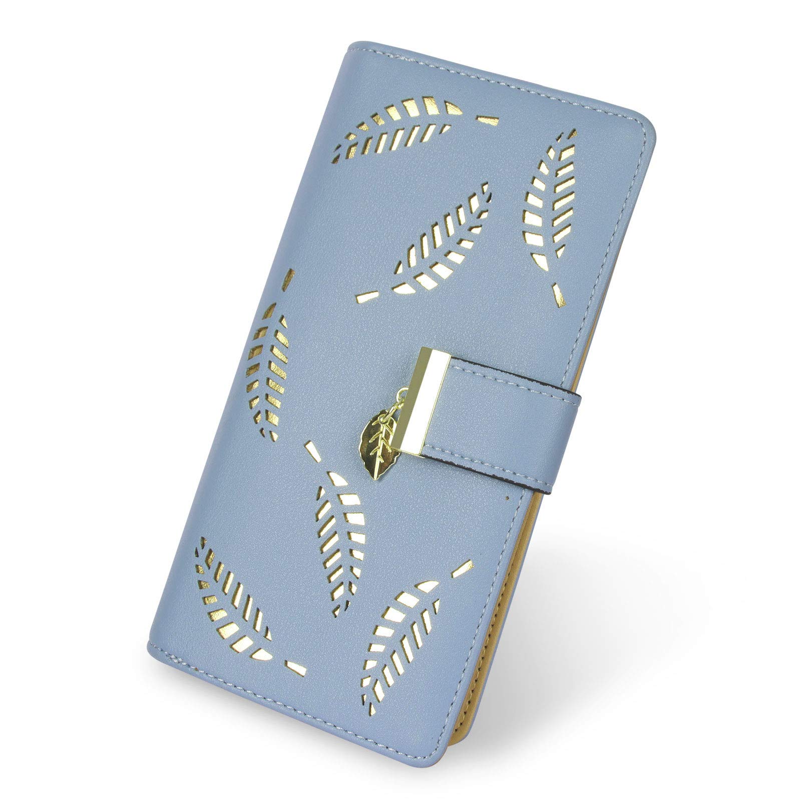 CHAOFANXI Women's Wallet Hollow Leaf Pattern Bifold Leather Lady Long Wallet Purse Zip Birthday Xmas Gifts for Women Girls(Blue)