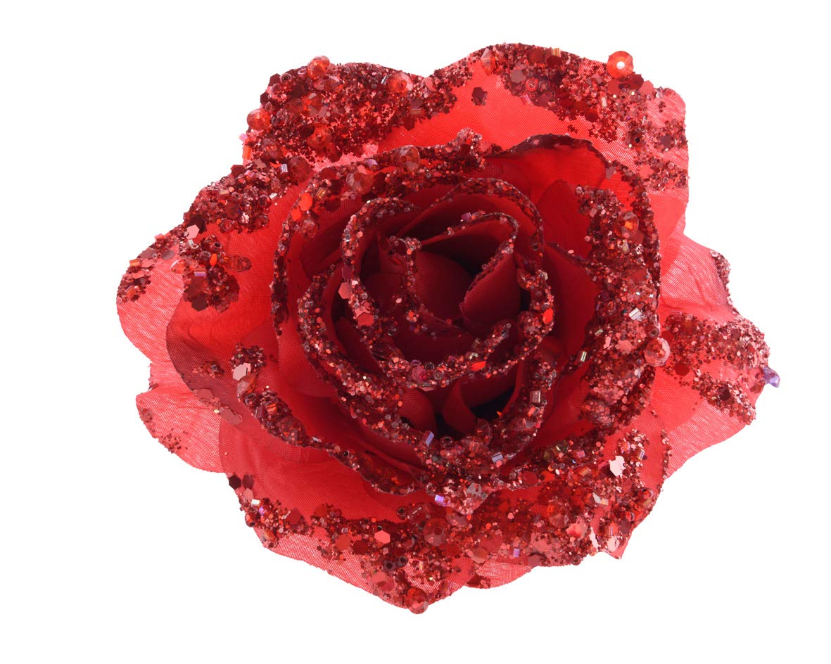 14cm PES Rose On Clip - Red Artificial Flower Realistic Look Xmas Decoration