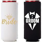Bride and Groom Can Coolers, Set of 2 - White and Black Beer Coolies, Cute Wedding, Engagement, or Bridal Shower Gifts