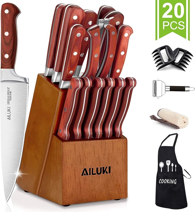 Knife Set, AILUKI 20 Piece Kitchen Knife Set with Block Wooden and Sharpener