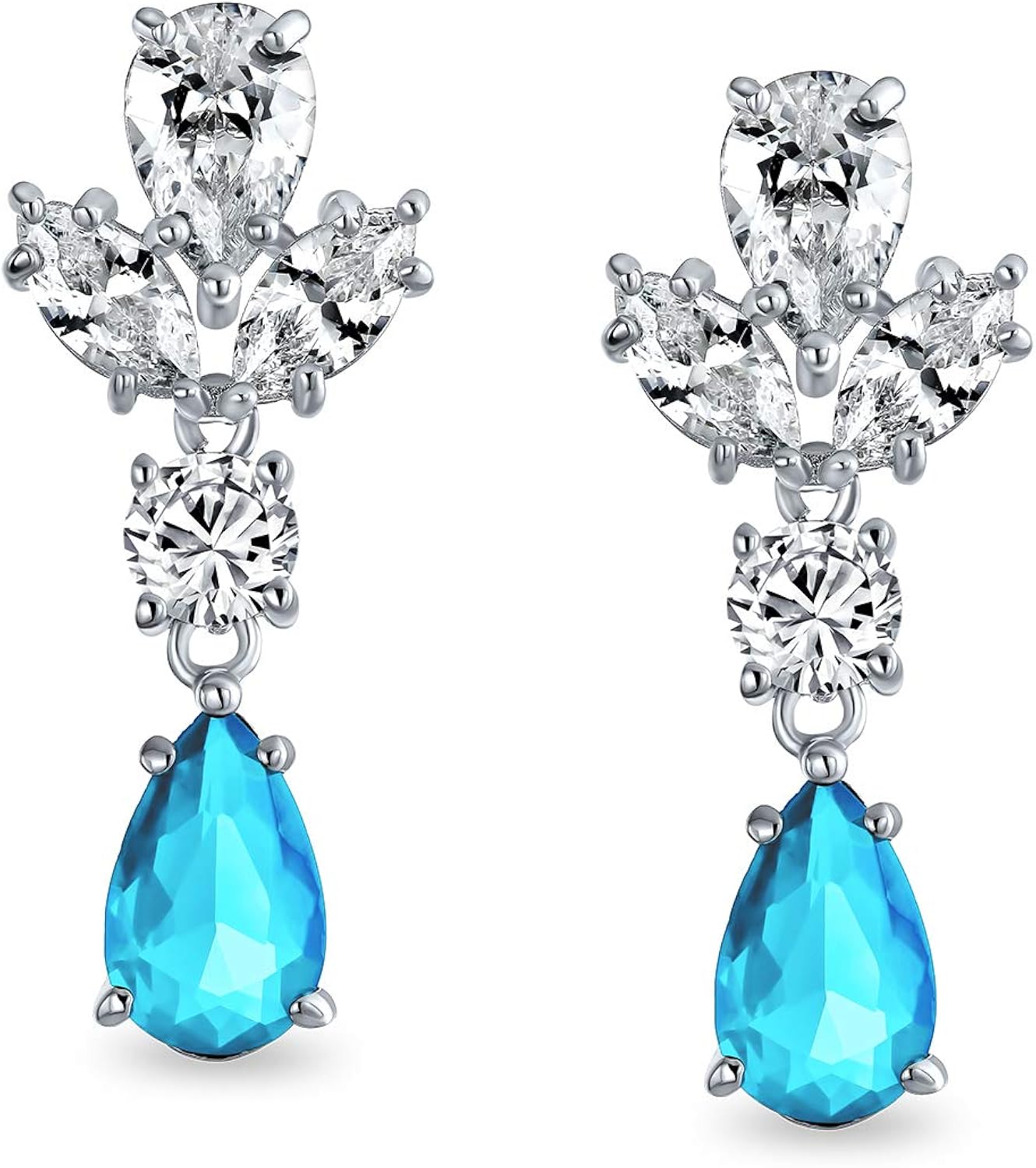Vintage Art Deco Style Blue Simulated Aquamarine Cubic Zirconia AAA CZ Statement Dangle Formal Leaf Teardrop Chandelier Clip On Earrings Wedding Prom Silver Plated - Image 3