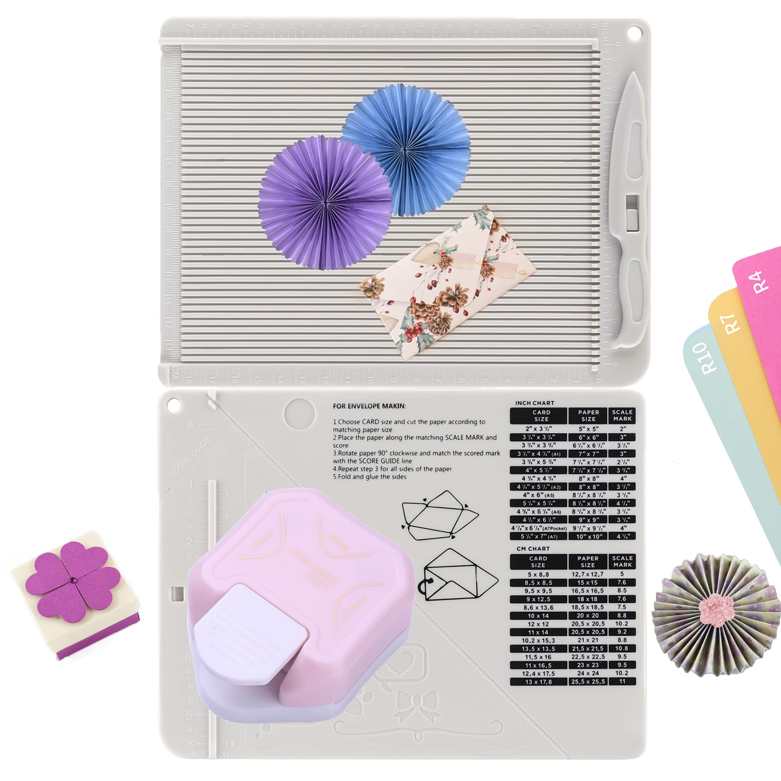 2Pcs/Set Score Board Multi-Purpose Scoring Board Envelope Maker with Bone Folder and 3 in 1 Corner Rounder Paper Punchfor Card Making and DIY Projects Multi Purpose Scoring Board and Fold Tools