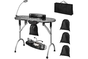 VEVOR Portable Manicure Table, Foldable Nail Table with Electric Dust Collector, Moveable Nail Tech Desk & 4 Wheels, 3 Dust Bags, Bendable LED Lamp, MDF Nail Art Workstation for Home Spa Beauty Salon