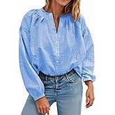 Cicy Bell Womens Puff Long Sleeve Blouse Gingham Pleated V Neck Button Down Shirts Loose Fit Dressy Casual Fall Tops