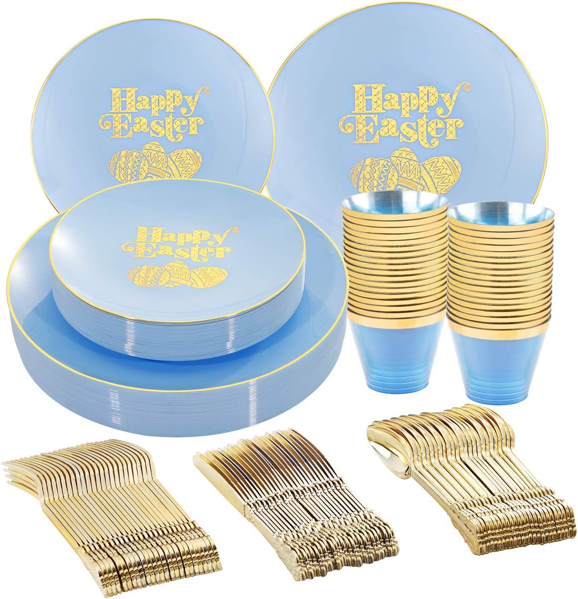 Nervure150pcs Easter Plastic Plates - Blue and Gold Plate with Easter Egg - Blue Disposable Plates includes 50 Plastic Plates, 25 Knives, 25 Forks, 25 Spoons, 25 Cups for Party
