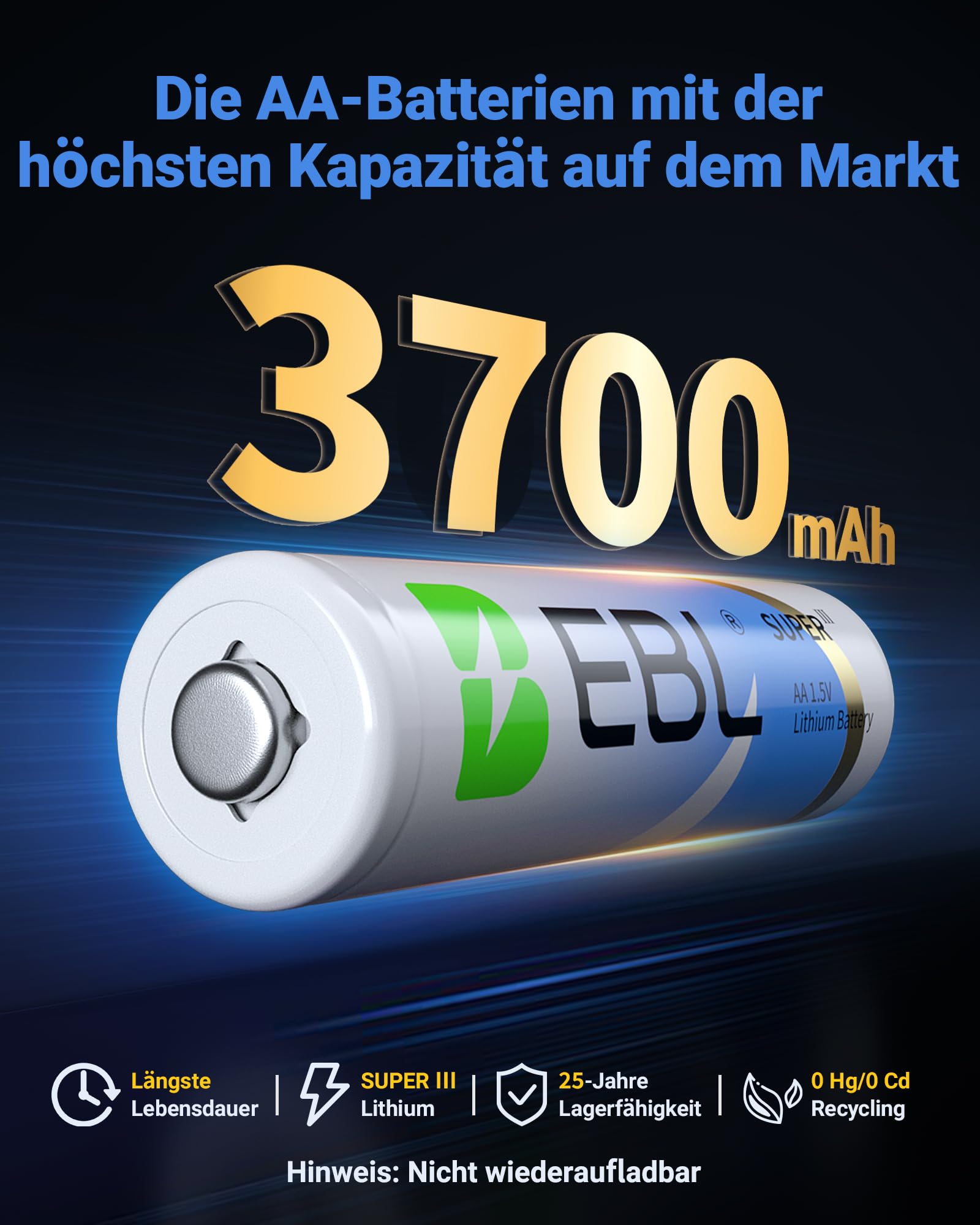 EBL Lithium Batterie AA 3700mAh 1.5V 8 Stück, Nicht Wiederaufladbar AA Batterien mit hoher Kapazität ideal für Blink Outdoor Camera, Digitalkameras, Fernbedienungen und Spielzeug 2