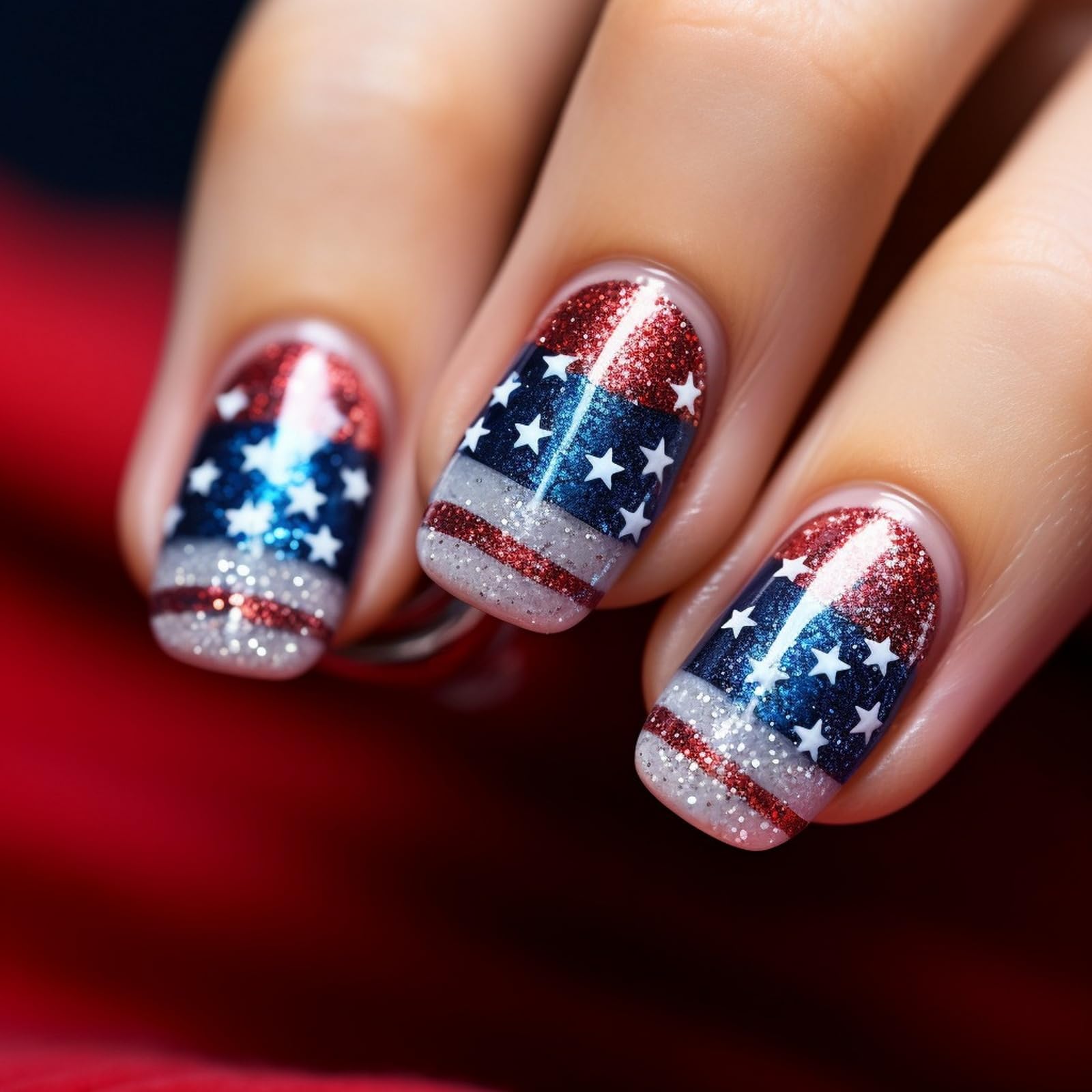 Photo 1 of 4th of July Press on Nails Short Square Patriotic Fake Nails False Nails with Designs American Flag Glitter White Blue Red Glossy Glue on Nails Acrylic Nails for Women Girls 24Pcs