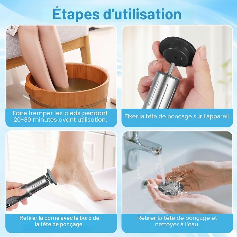 Dissolvant de callosités électrique LED 2 en 1 avec 6 vitesses réglables en continu et limes permanentes et polissoir à ongles remplaçable pour le soin professionnel des pieds