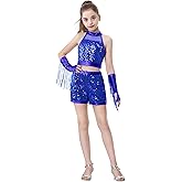LOLANTA Girls Sequin Dance Outfit Crop Sequin Top Metallic Shorts with Tassel Arm Sleeves 5-13 Years Recital Costumes