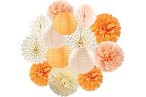 Beige-Orange Peach Fall Party-Decorations Paper-Lanterns- 14pcs Autumn Thanksgiving Harvest Birthday Boho Streamers Fan,Tissue Pom Poms, Baby Bridal Shower Wedding Engagement Decor Lasting Surprise