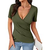 KIFOVEN Women's Summer Short Sleeve T Shirt | Deep V Neck Wrap Ruched Slim Fit Tees Shirt