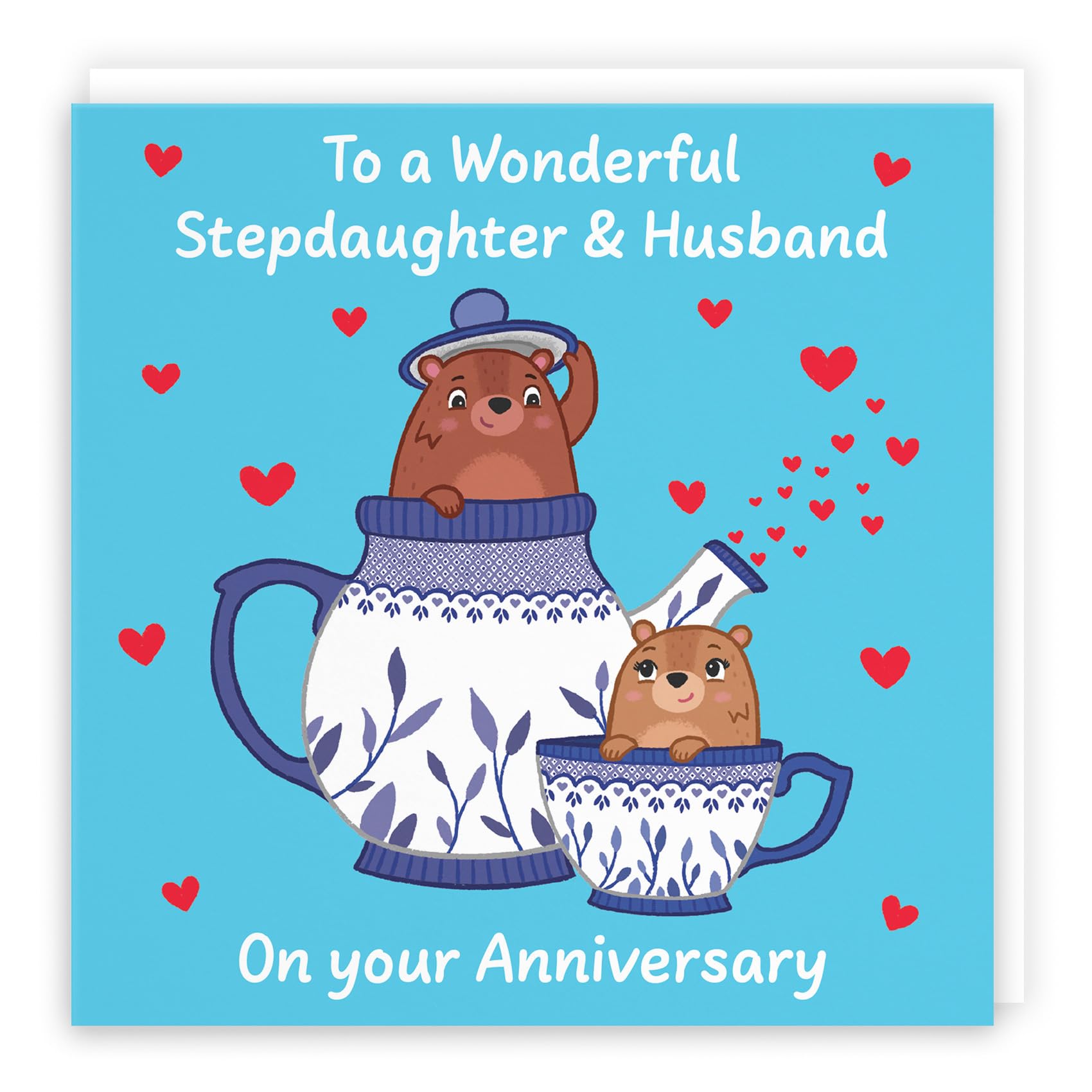 Hunts England - Cute Teapot Stepdaughter And Husband Anniversary Card - Fun Bears Anniversary Card - Love Story Collection