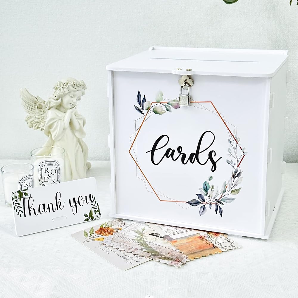 GUDELAK White Wedding Card Box with Lock PVC Gift Box 10.2 x 10.2 x 8.3 in