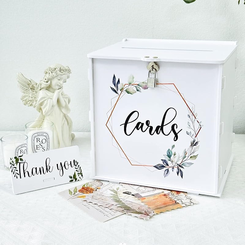 GUDELAK White Wedding Card Box with Lock PVC Gift Box 10.2 x 10.2 x 8.3 in