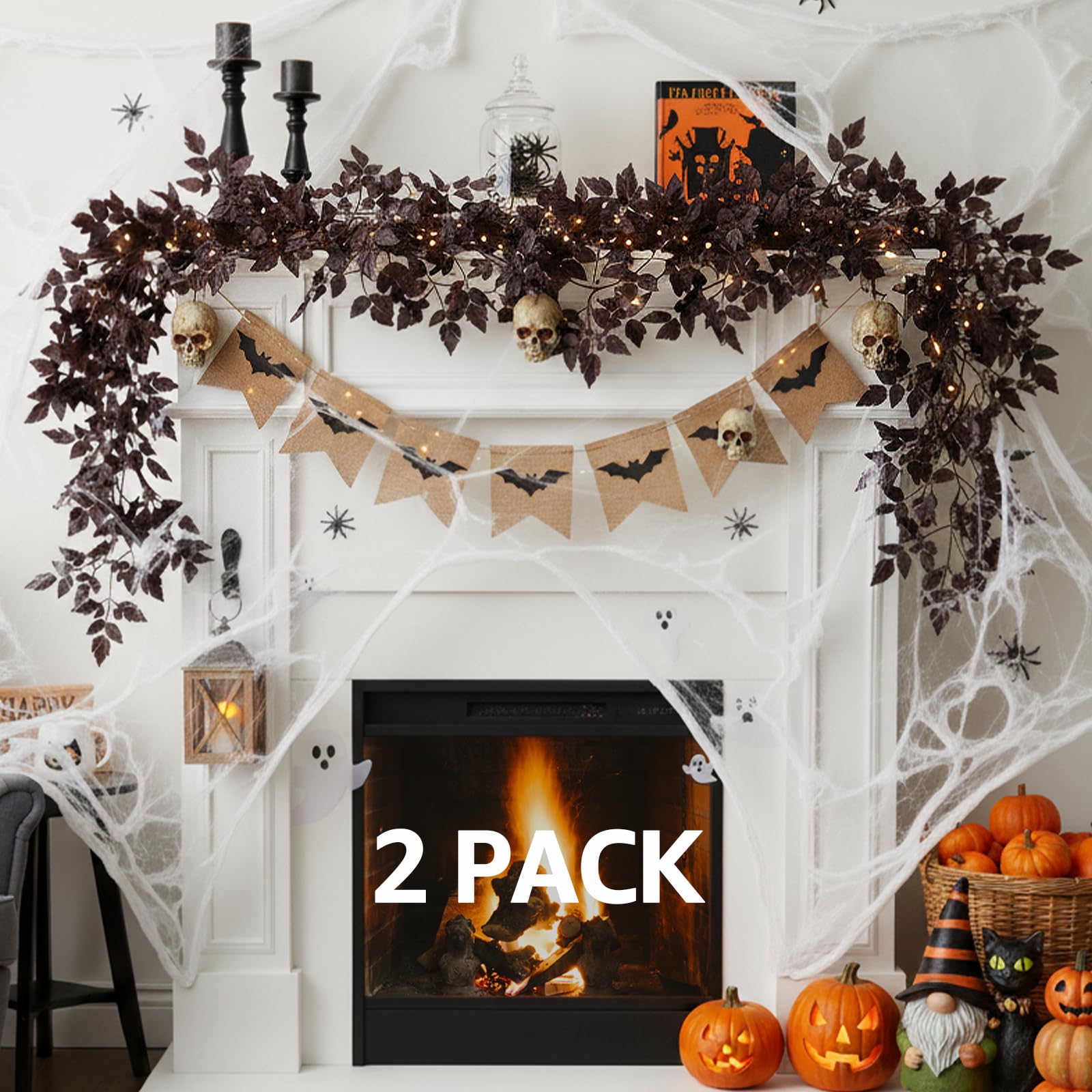 Photo 1 of Neutral Fall Garland for Mantle Fireplace - 2 Pack 6Ft Plum Cimicifuga Seeded Leaf Garlands Purple Autumn Decor Table Decorations for Home Indoor Door Halloween Realistic Leaves Garlands Outdoor