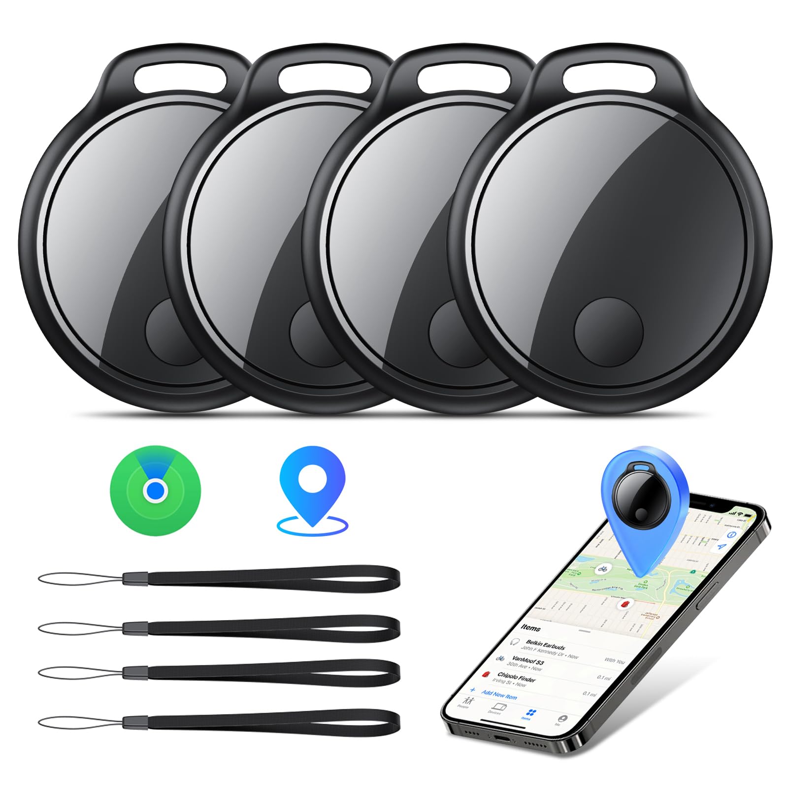 Smart Tracker Tag 4er Pack, Schlüssel Finder Kompatibel mit Apple Find My APP (nur iOS), IP68 wasserdicht, Austauschbarer Akku, Bluetooth Key Finder für Gepäck/Taschen/Koffer/Brieftasche