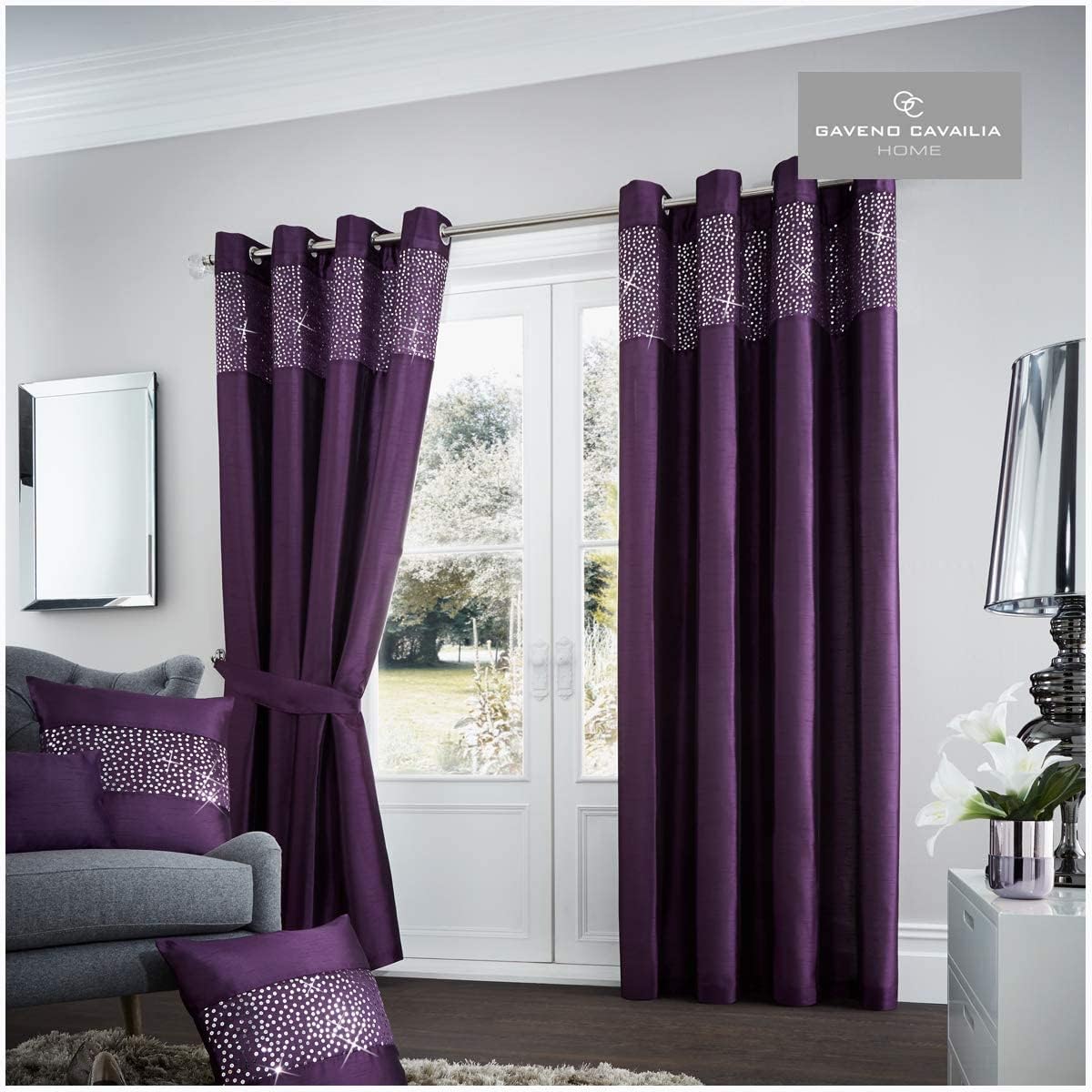 Gaveno Cavailia Aviv Eyelet Curtains Aubergine, 100% Polyester Ring Top Drapery with Matching Tie Backs, Two 66"x54" Glamorous Panels, Easy Care Window Treatment, (168x137 cm),259916
