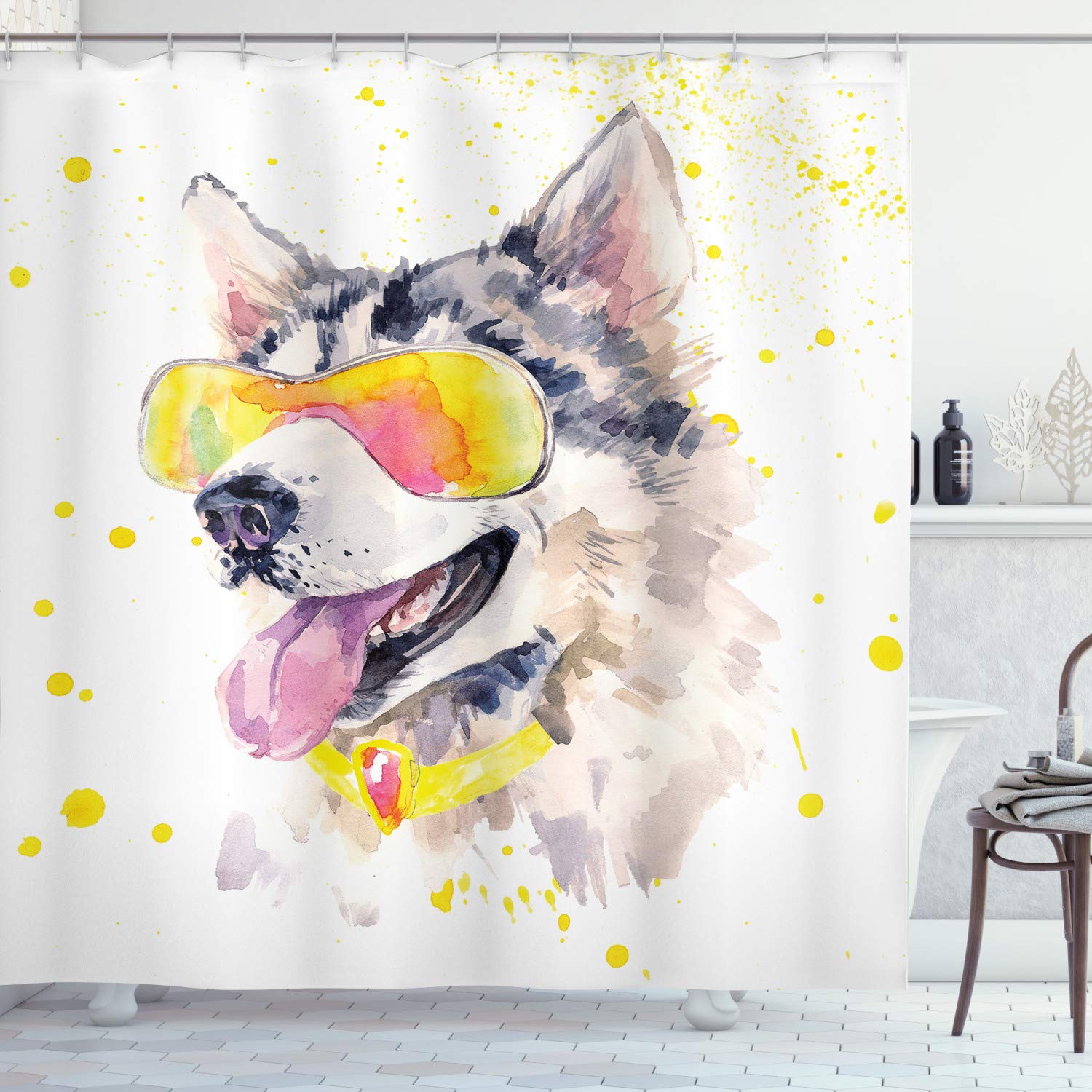 ABAKUHAUS Animal Shower Curtain, Funny Husky Dogs Sunglasses, incl. 12 Hooks Washable Full-Stem Digital Print, 78" Inches, Yellow-grey beige