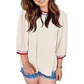 Tankaneo Womens Crew Neck Tunic Tops Casual Loose Fit Color Block Blouse 3/4 Puff Sleeve Textured Shirts