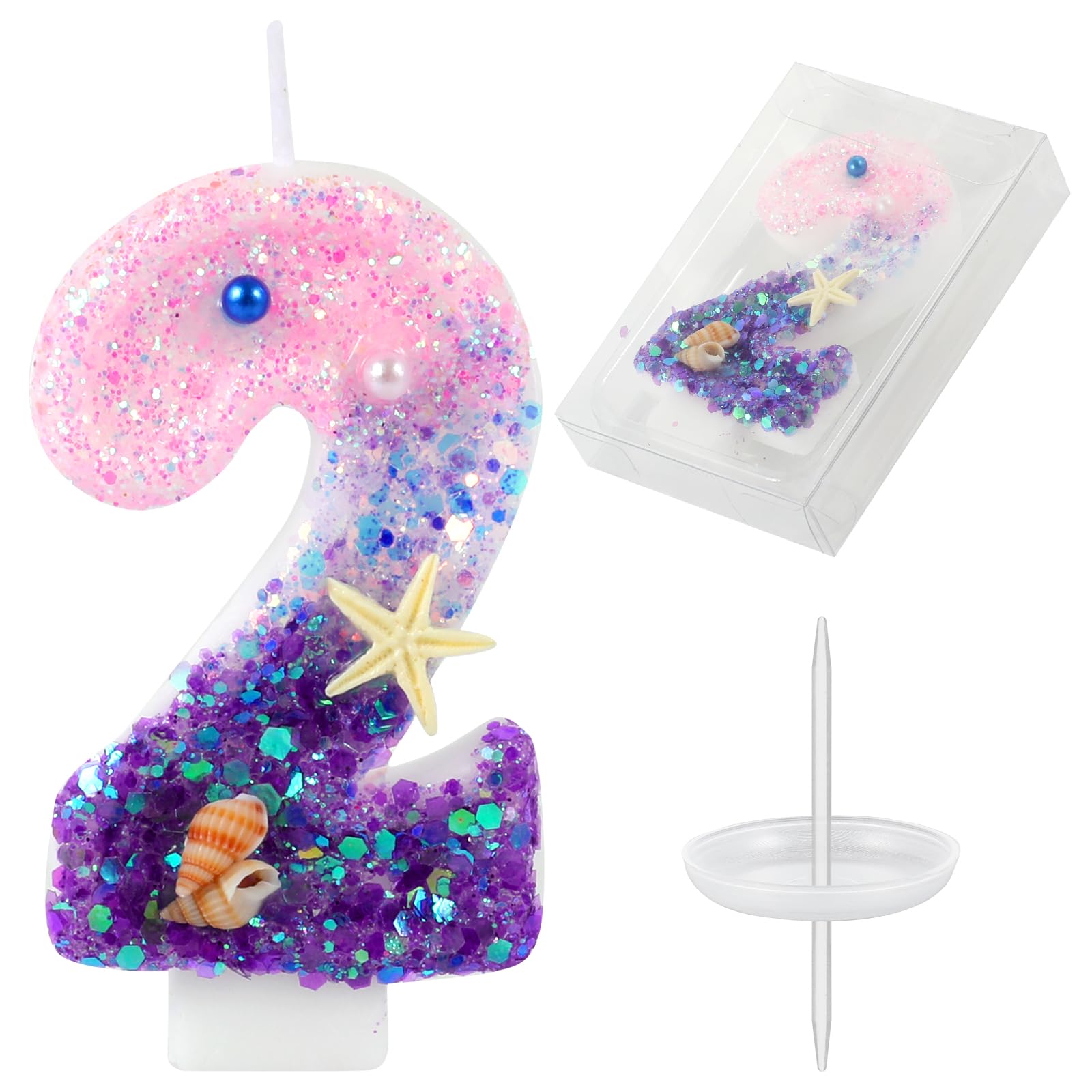 Photo 1 of Birthday Candles, Pink and Purple Number 2 Candles Decorated with Conchs Starfish and Pearls for Mermaid Theme Party Cake Topper Supplies (Number 2)
