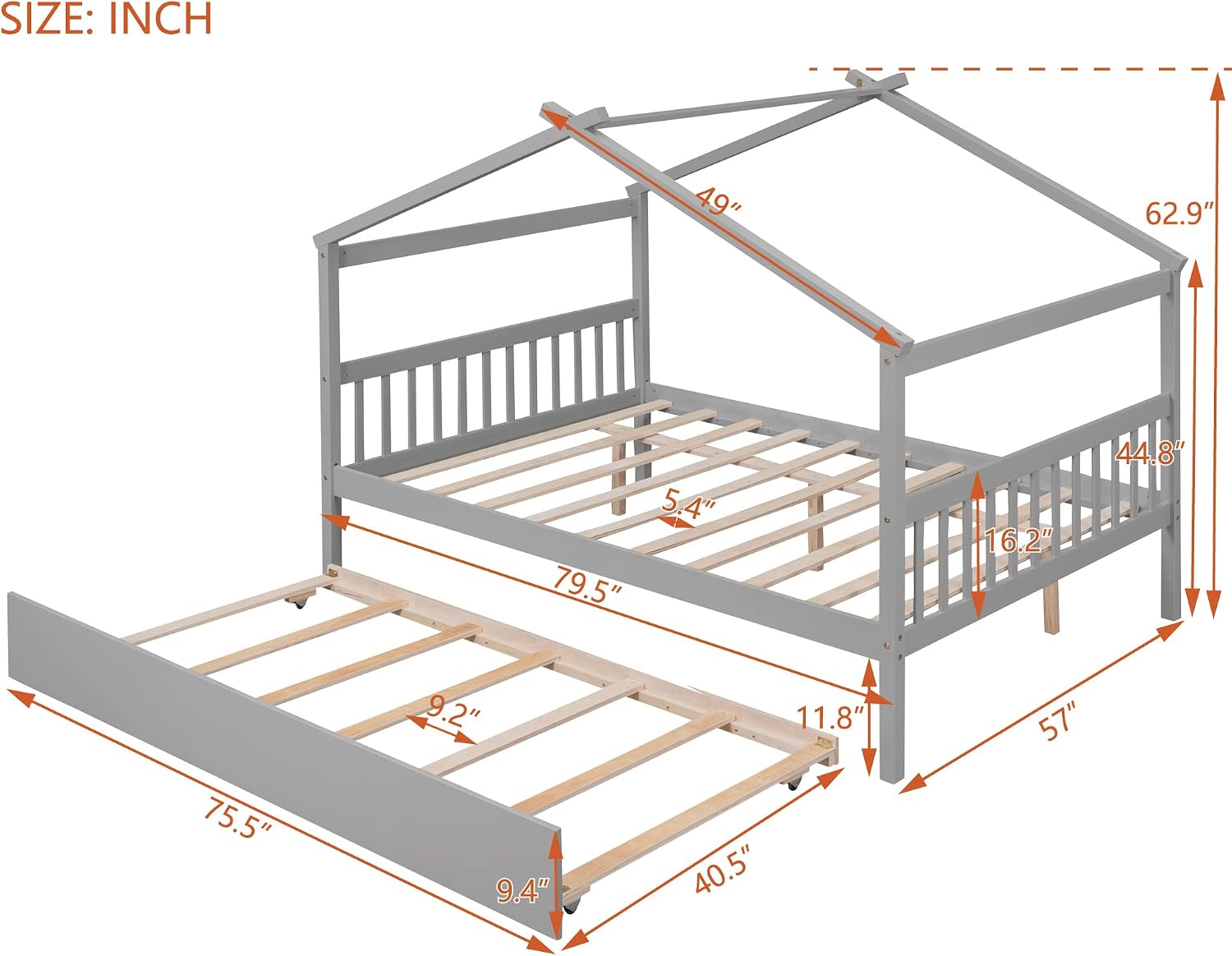 Diagram showing the dimensions of the BIADNBZ Full Size Wooden House Bed with Twin Trundle, including overall length, width, height, and specific measurements for the bed frame and trundle.