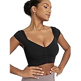 ODODOS Ruched Front Crop Tank for Women V-Neck Cut Out Back Cap Sleeve Cropped Tops