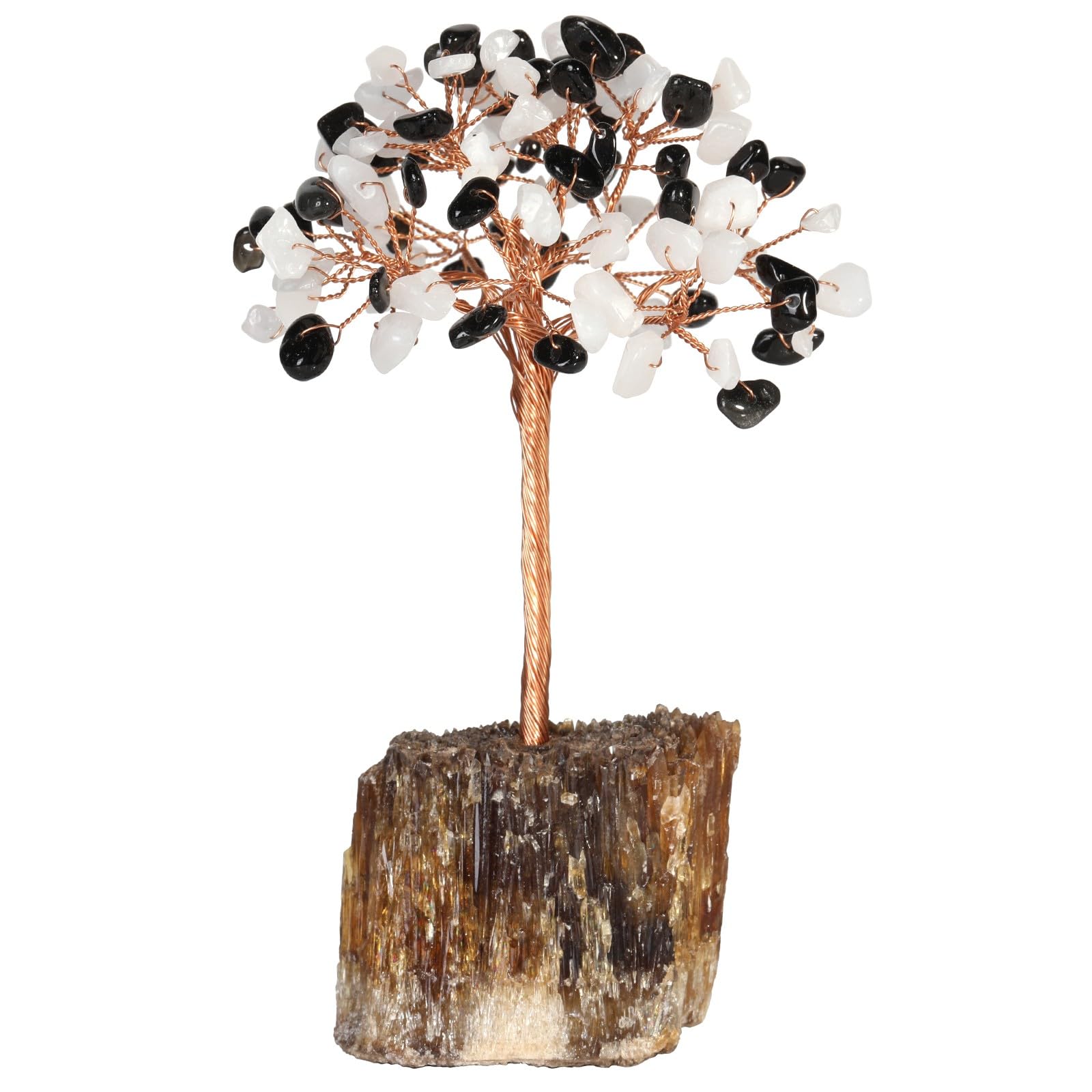 mookaitedecor Natural White Jade & Black Obsidian Healing Crystal Tree on Amber Calcite Cluster Base Feng Shui Money Tree Ornament for Home, Semi Precious Gemstone Bonsai Tree Gift Reiki Room Decor