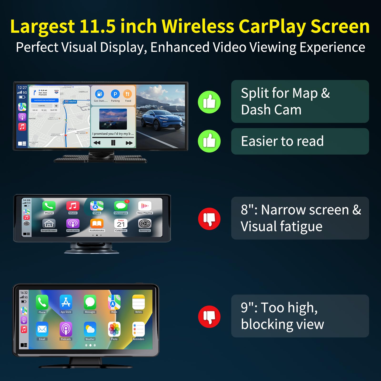 Largest 11.5 inch Wireless CarPlay Screen for Car, A-pple CarPlay & Android Auto HD Touchscreen with 4K Dash Cam/1080P Backup Camera/Navigation/Bluetooth/Voice Control/FM/Mirror Link,for All Vehicles