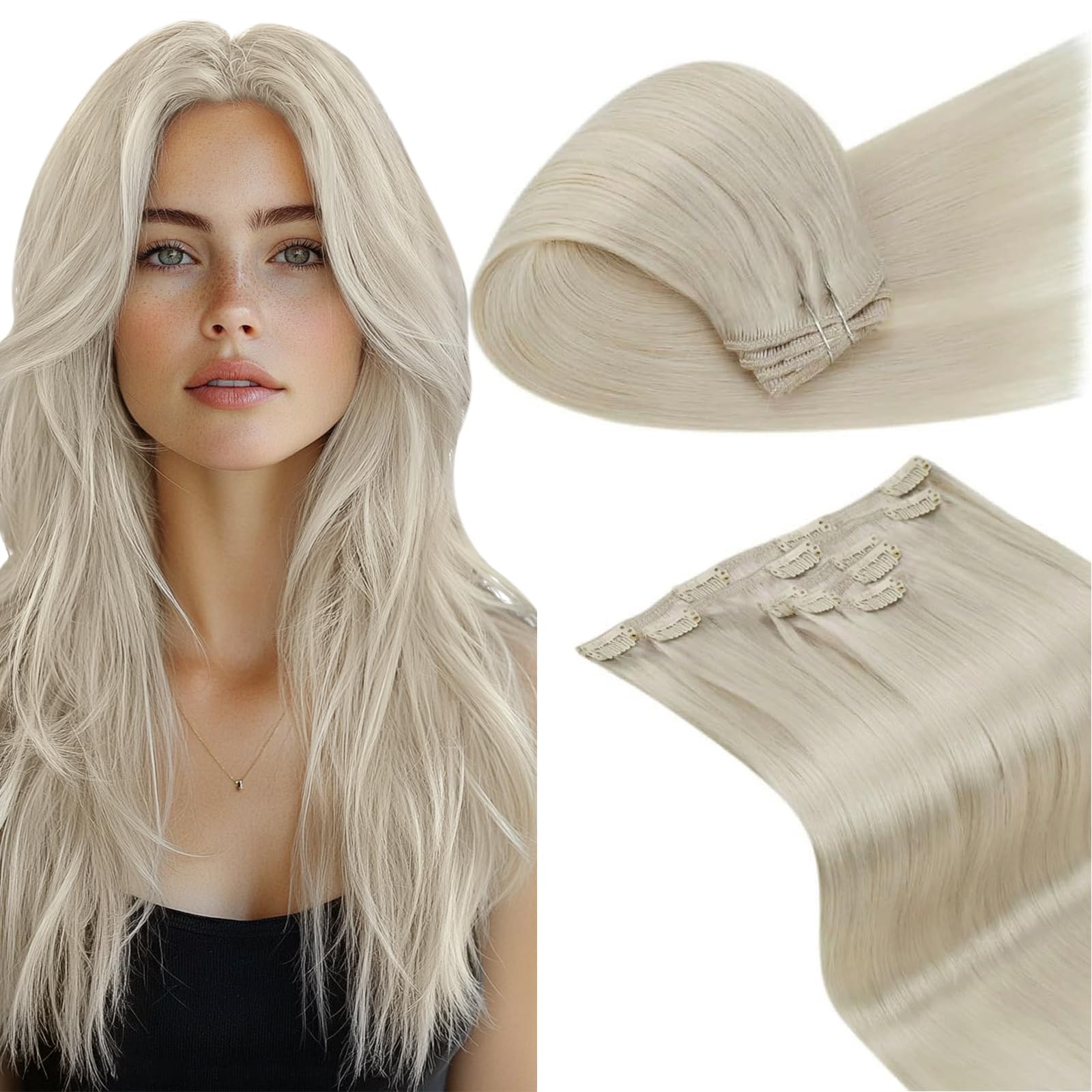 LaaVoo Blonde Clip in Hair Extensions Real Hair Extensions Clip in Human Hair Straight Remy White Blonde Hair Full Head Double Weft 80g 5pcs 14 Inch #60
