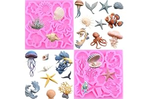 Mujiang Marine Theme Silicone Fondant Mold Seashell Starfish Seaweed Jellyfish Fish Conch Octopus Mermaid Tail Molds for Cake
