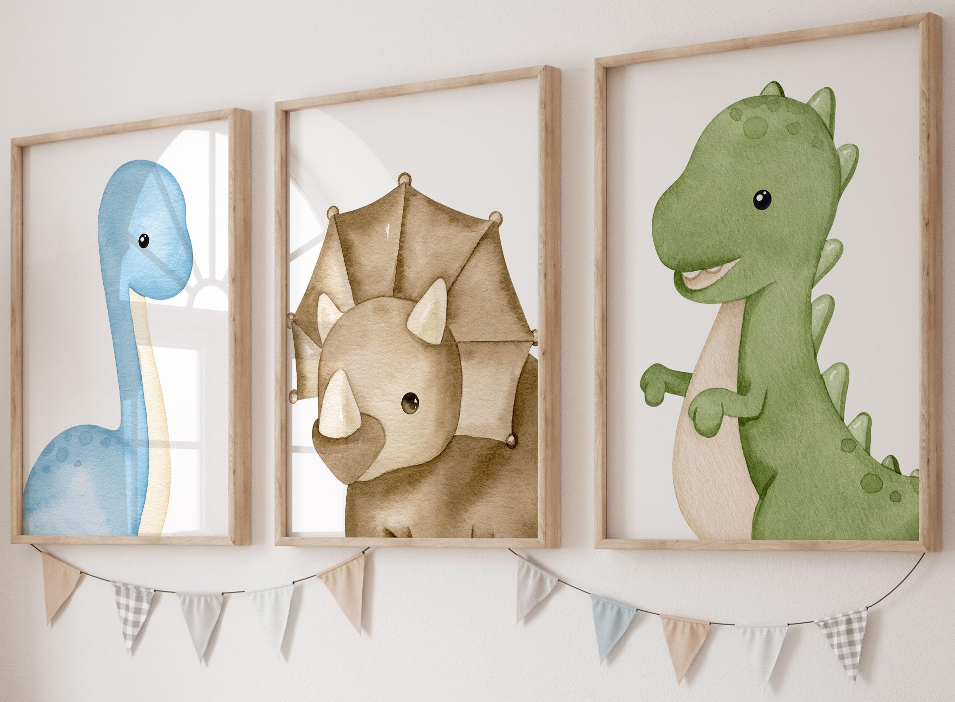 Baby Dinosaurs Set of 3 Unframed Poster Prints, Boy Girl Nursery Bedroom, Watercolour Design, Wall Art Decor, Tyrannosaurus Brachiosaurus Triceratops Blue Green Brown (A3)