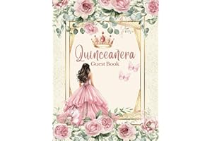 Quinceanera Guest Book Pink and Gold, Elegant Floral Roses, with Tiara Quinceanera Pink Crown and Doll Dress Gown Decoration: Butterfly Guestbook for ... Memory Keepsake Photo for 15th Birthday Party