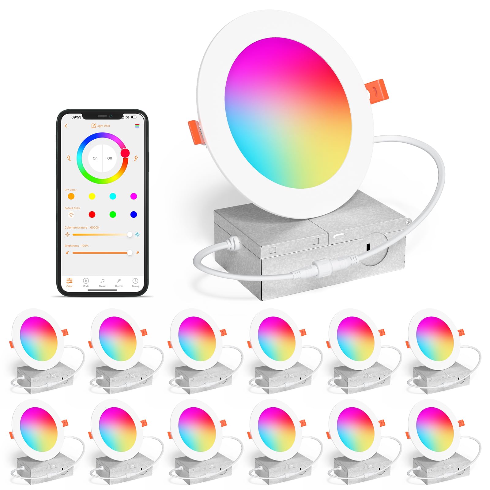 Photo 1 of SikSog Smart Recessed Lighting 4 Inch RGBCW Color Changing 12W LED Downlight with Junction Box,1000 Lumen Recessed Ceiling Light Compatible with Alexa,Dimmable by Bluetooth Control -12Pack