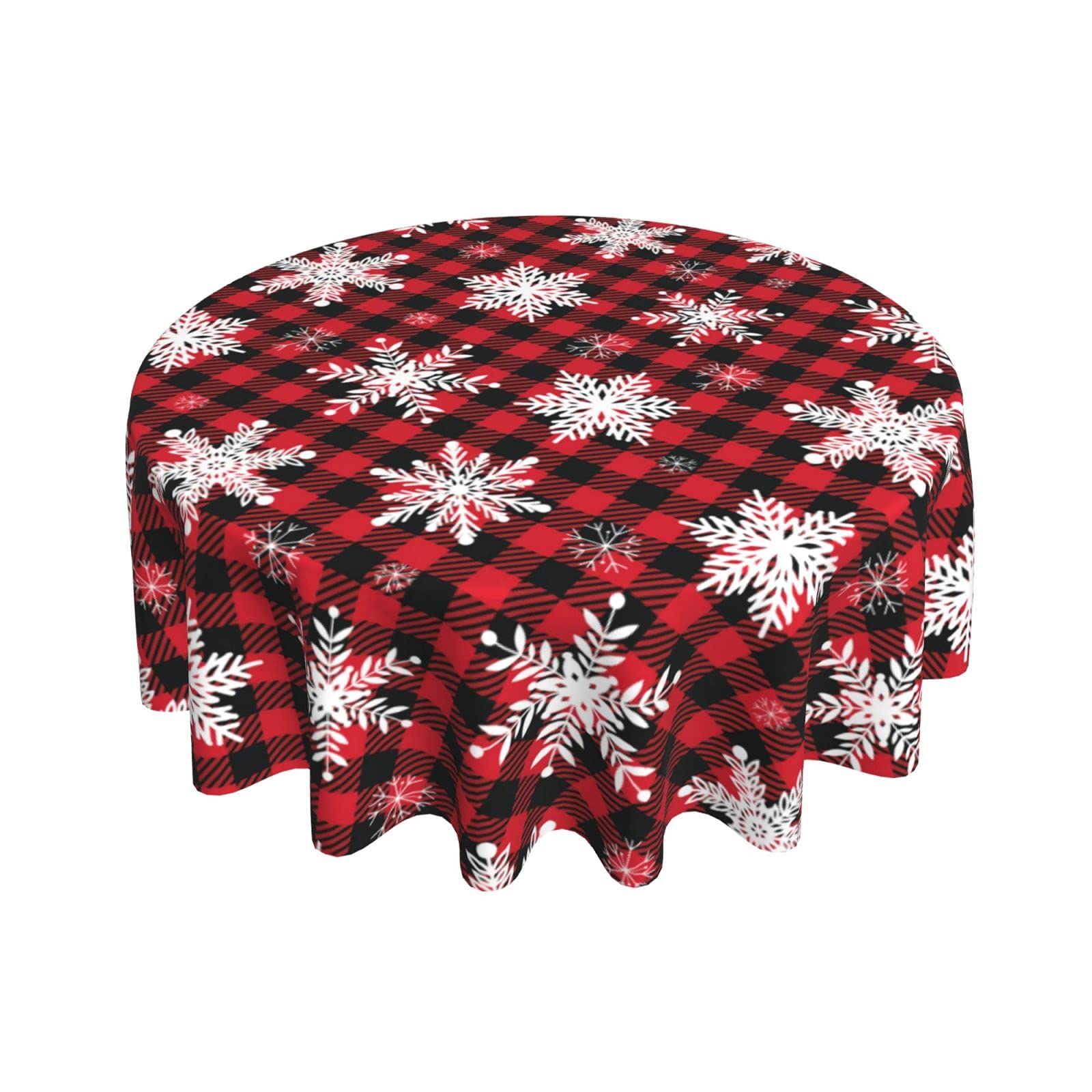 Photo 1 of Sweetshow Christmas Round Tablecloth 60 Inch Red Black Buffalo Plaid Tablecloth Waterproof Polyester Xmas Winter Snowflake Table Cloth Table Cover for Kitchen Dining Room Picnic Patio Party