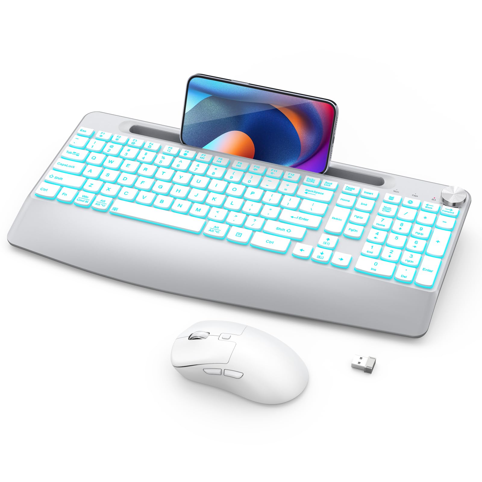 Photo 1 of GAMCATZ Wireless Keyboard and Mouse Backlits - Full-Sized Ergonomic Lighted Keyboard with Wrist Rest, Phone Holder,2.4GHz Rechargeable Silent Keyboard Mouse Combo for Computer, Laptop, PC, Mac -White