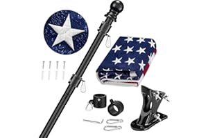 JPORTON American Flag Pole Kit for House Outside - Black Metal Flagpole 6 FT with Tangle Free Design - 3x5 Embroidered US Flag, Holder Bracket, Ultra Durable Steel for Porch, Tree and More Residential
